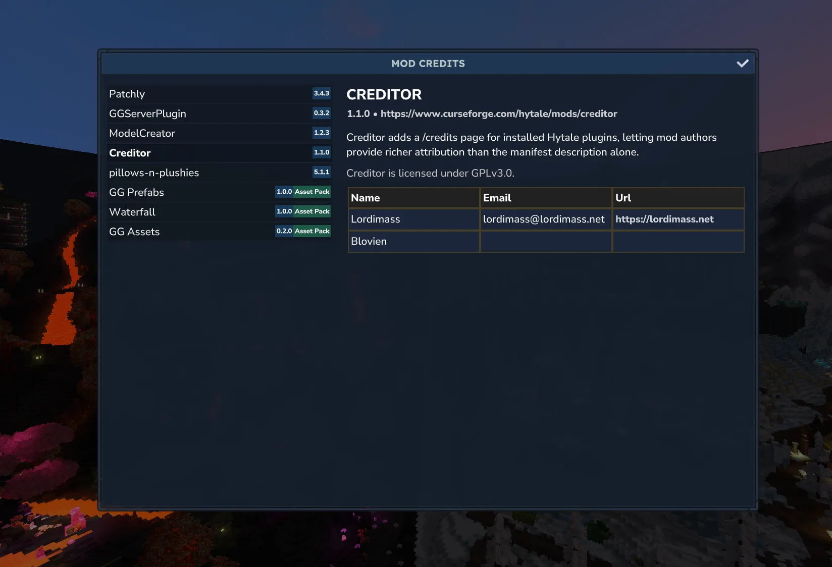 Creditor's Credits Page